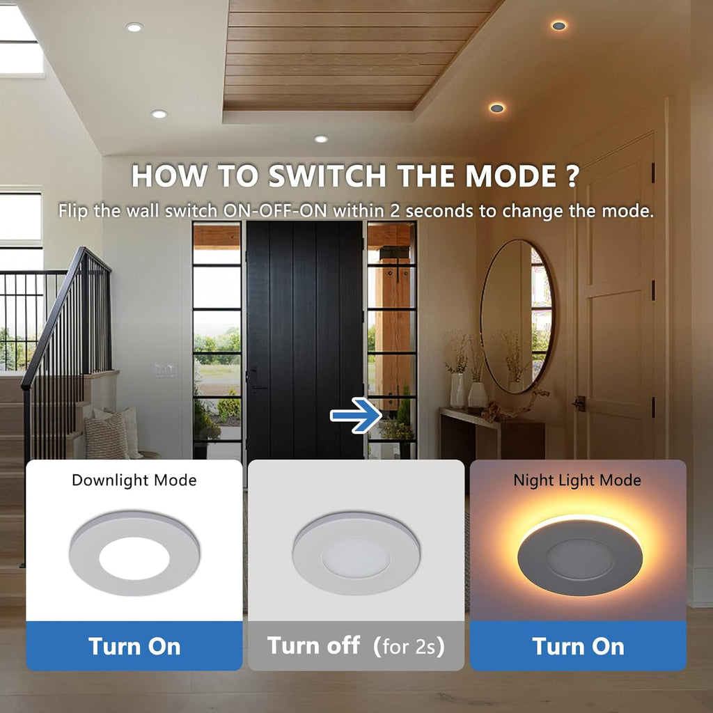 CycevSun 3 Inch Recessed LED Lights with Night Light, Dimmable & 5CCT Selectable Canless Outdoor Soffit Wafer Downlight, 6W, ETL, IC Rated, 12 Pack