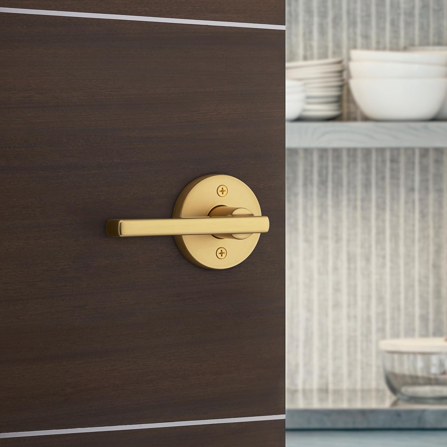 Kwikset Halifax Dummy Door Handle, Single Sided Lever for Closets, French Double Doors, and Pantry, Satin Brass Non-Turning Reversible Interior Push/Pull Lever, with Microban Protection