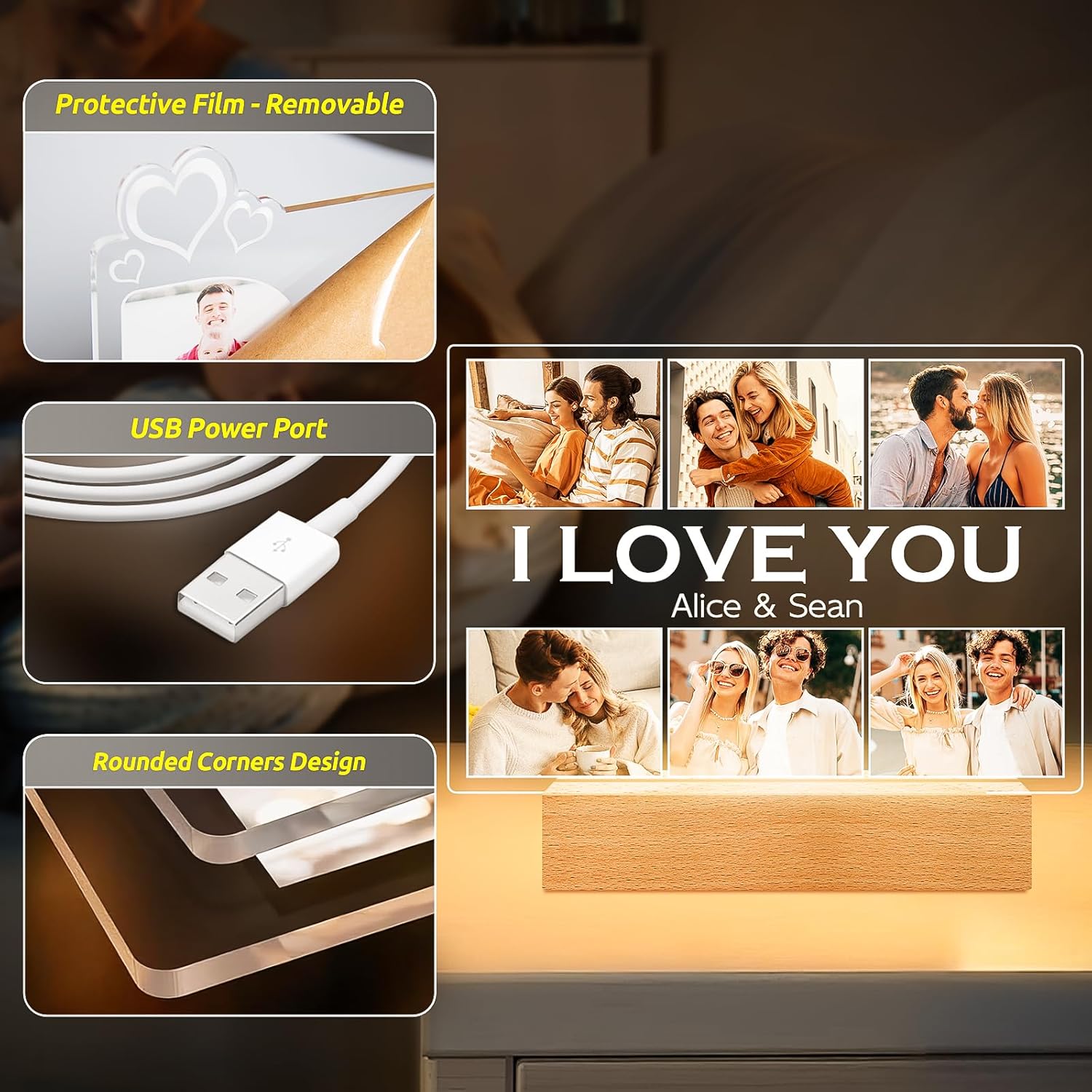 Personalized Picture Frame with Photo, Customized Photo Frame with Night Light, Custom Picture Frames, Personalized Anniversary Valentines Day Gifts for Women Men Her Him Girlfriend Boyfriend Couple