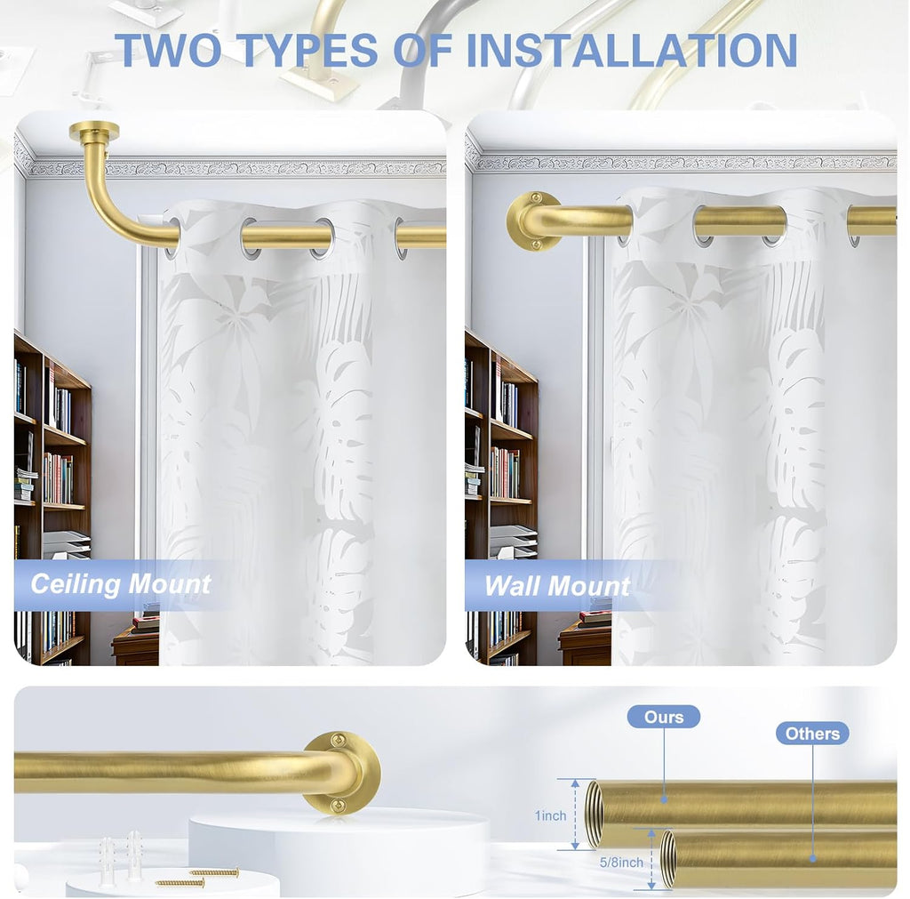Gold Wrap Around Curtain Rods 2Pack:Blackout Heavy duty Adjustable Window Curtain Rod for Bedroom,Industrial Darkening Curved French Metal Single Drapery Rods Easy Install,Brushed Gold 48-90"