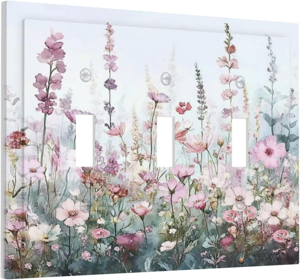 Pink Floral Watercolor Botanical Wildflowers Decorative Switch Plates 3 Gang Wall Plate Triple Toggle Light Switch Cover Faceplate Electrical Wall Panels For Bed Room Living Room Decor