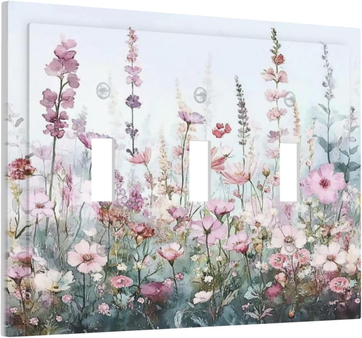 Pink Floral Watercolor Botanical Wildflowers Decorative Switch Plates 3 Gang Wall Plate Triple Toggle Light Switch Cover Faceplate Electrical Wall Panels For Bed Room Living Room Decor