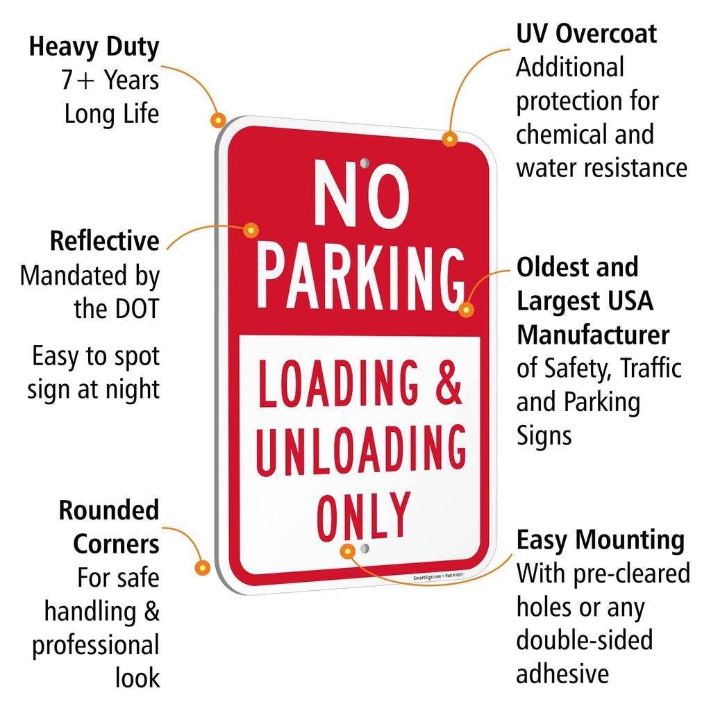 SmartSign Basics 18 x 12 inch “No Parking - Loading And Unloading Only” Metal Sign, 120 mil Aluminum Composite (ACM), Engineer Grade Reflective Material, Red and White, Made in USA