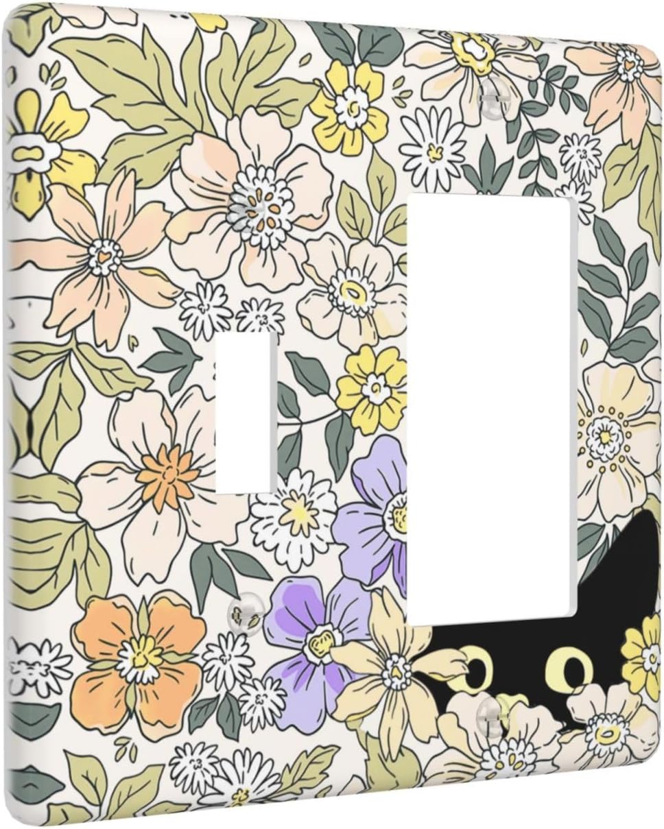 Decorative Outlet Covers Cute Black Cat in a Flower Patch Botanical Garden 2 Gang 1 Gang Wall Plate Single Toggle Rocker Light Switch Covers Switch Plate Cover for Bedroom Home Decor