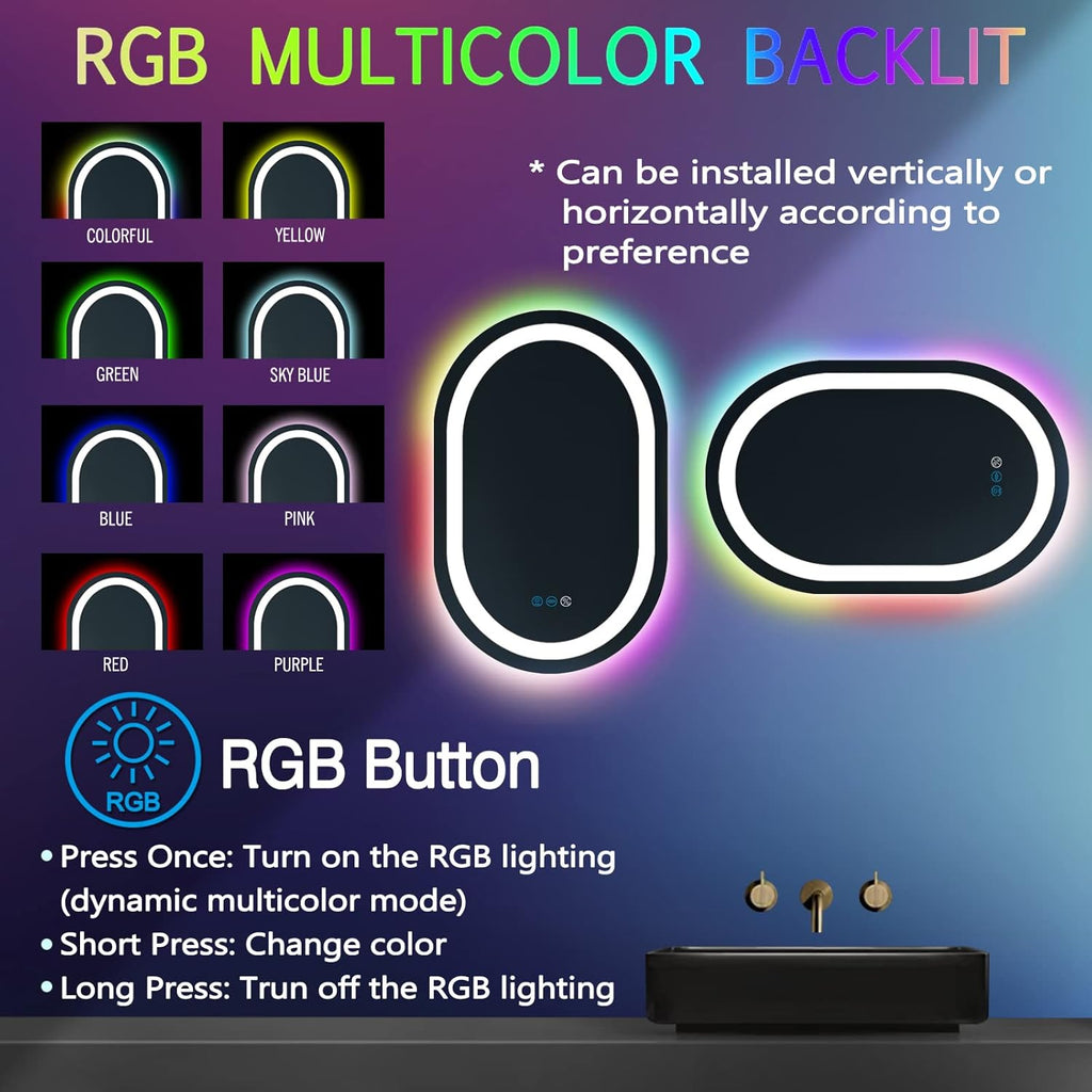 32 x 20 Inch RGB Oval Bathroom Mirror with Smart Dimmable 3 Color Front Lights & Rainbow Colorful Changing Backlit Oval Lighted Vanity Mirror for Bathroom Wall Horizontal or Vertical Mounted