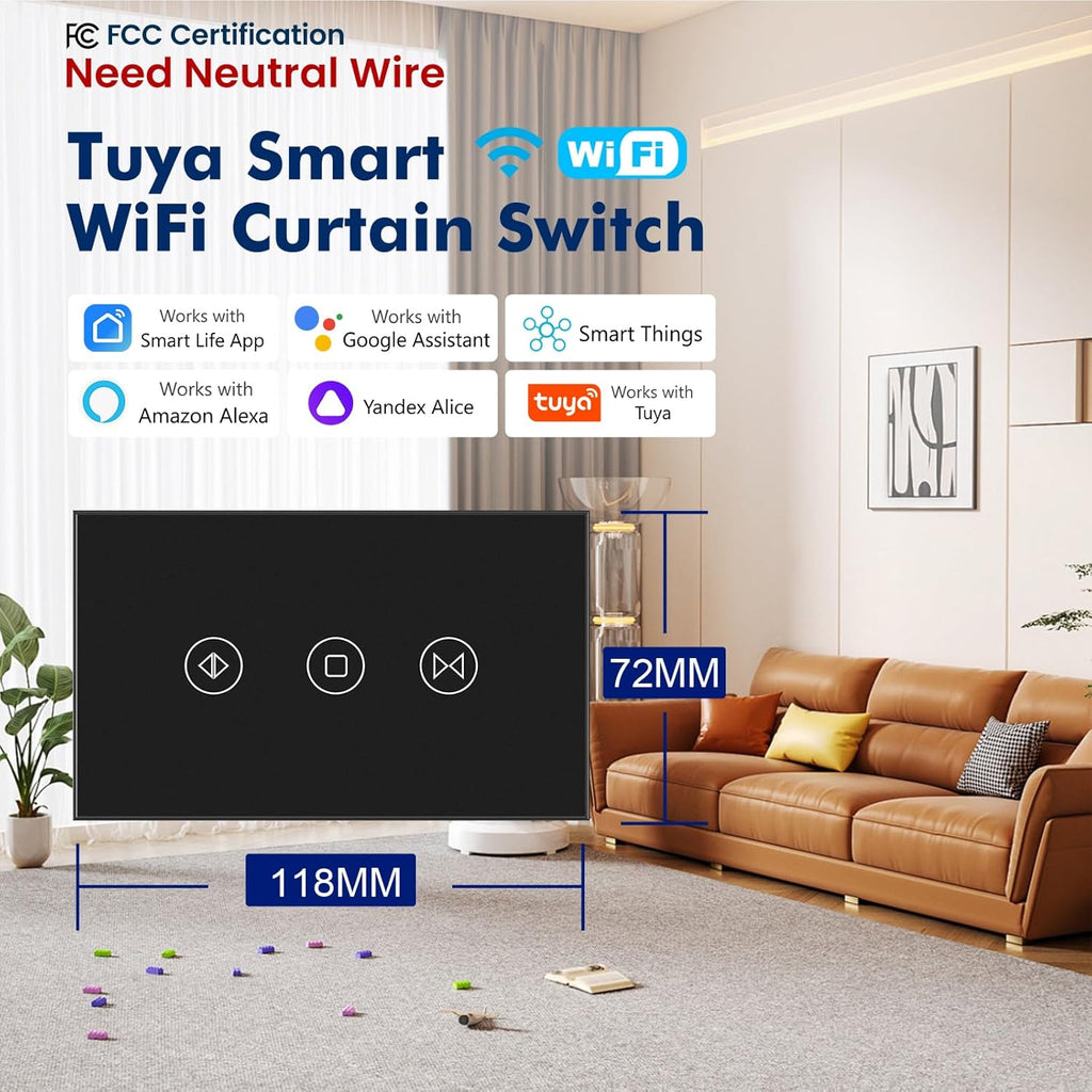 Smart Curtain Switch Neutral Wire Required, 2.4GHz WiFi Dimmer Light Switch with Remote Voice Control, Tempered Glass Panel, Compatible with Alexa and Google Home, Black WiFi Curtain