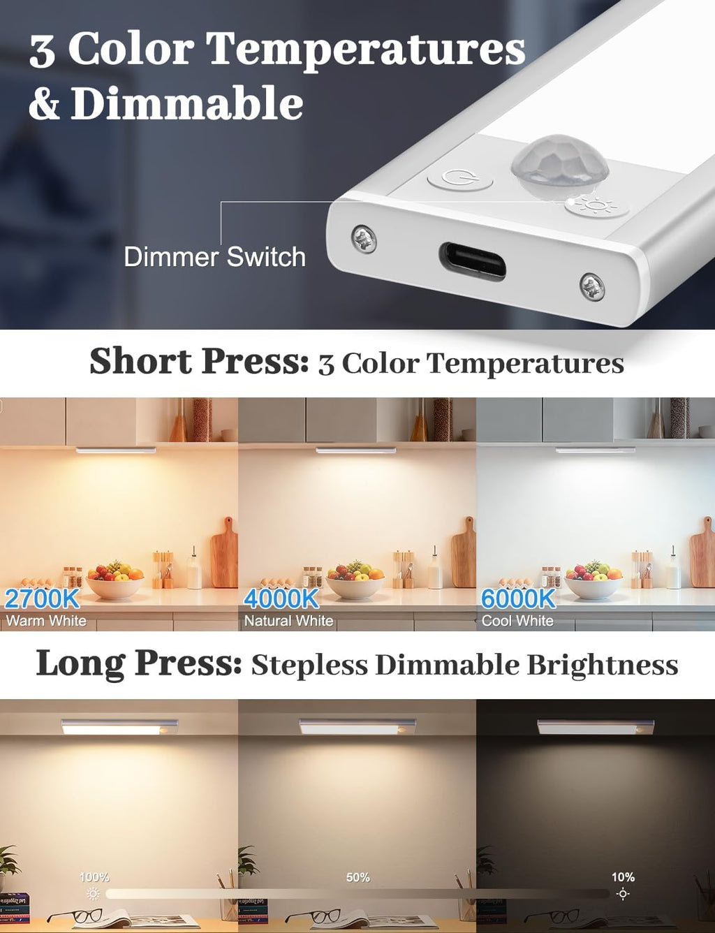 Under Cabinet Lighting with Charging Station, 2000mAh Rechargeable Motion Sensor Light Indoor, 3 Color Tempers Dimmable Closet Lights Wireless, Magnetic Under Cabinet Lights for Kitchen, 3-Pack