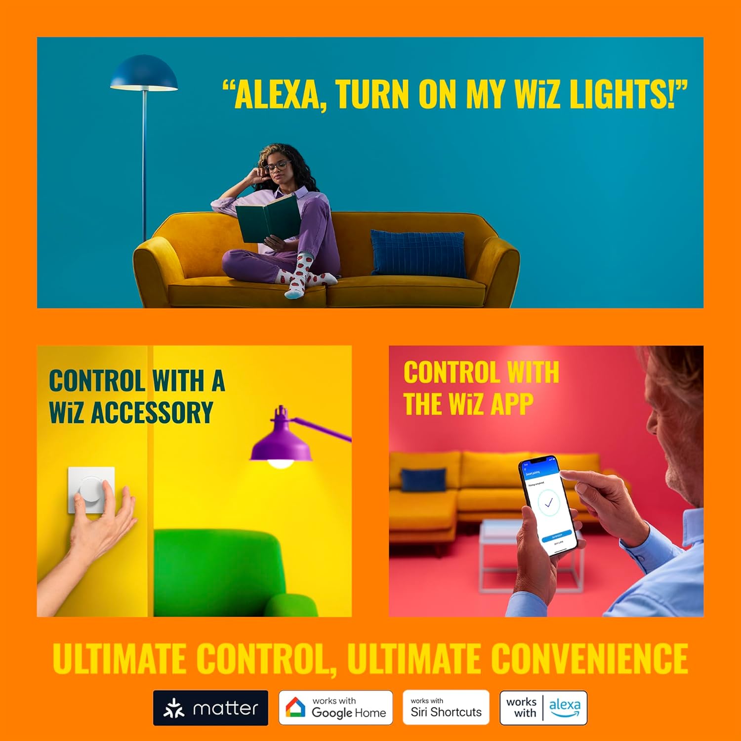 WiZ LED Smart Light Bulbs, Sunset to Sunrise Automation + Motion Detection + Control with Voice or App, Full Color A19 60W 800LM E26 Indoor, Matter Compatible - 6 Pack