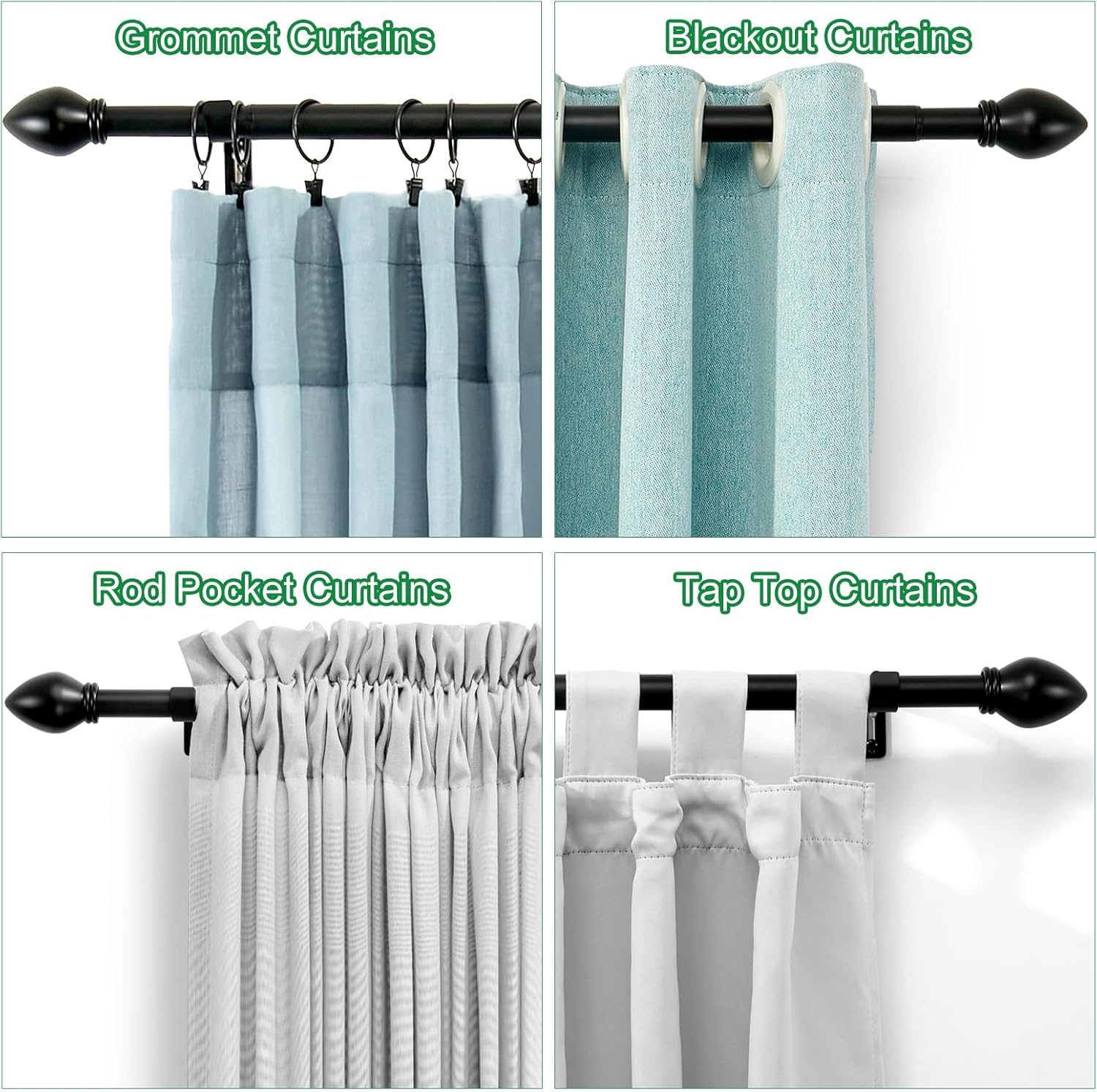 Curtain Rods for Windows 16 to 136 inches, Curtain Rod Max Adjustable Length to 146 in, Drapery Rod 1 inch Diameter with Modern Knobs Finials (Black, 16" to 136" - Set of 2)