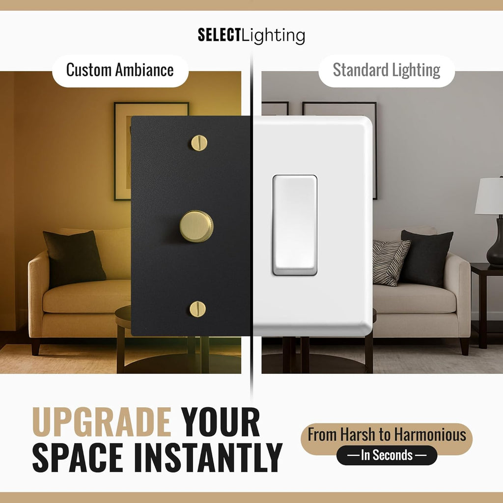 SELECT Black Brass Dimmer Light Switch, 1 Way Rotary Dimmer, 3 Gang TRIAC/Leading Edge Dimmable LED Light Switch, 15A 120V AC with Brass Knob, Faceplate & Dimming Module, UL Listed