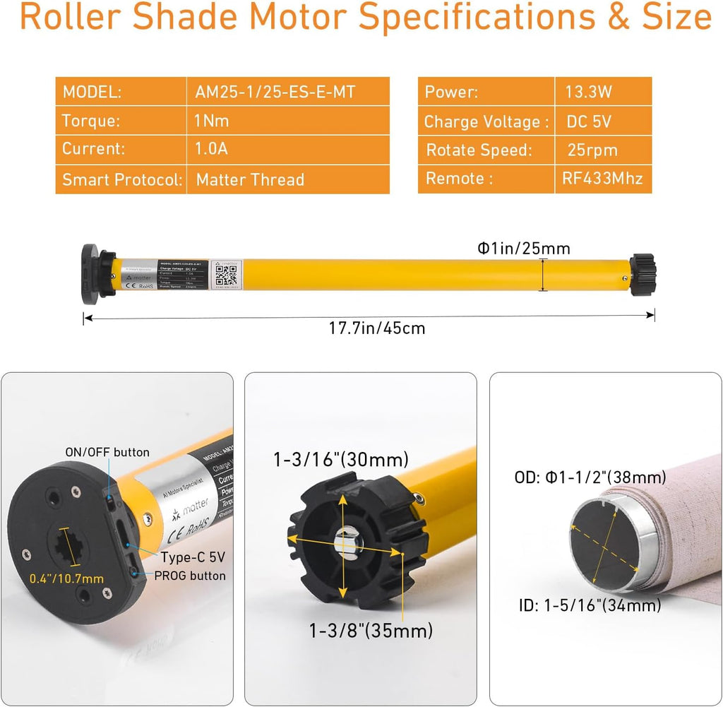 Smart Blinds Motor for 1.5"(38mm) Shade Tube Work with Homekit, Build with Matter Over Thread, Type-C Rechargeable Roller Shade Motor, Work with HomeKit, Home Assistant, Alexa, Motorized Blinds
