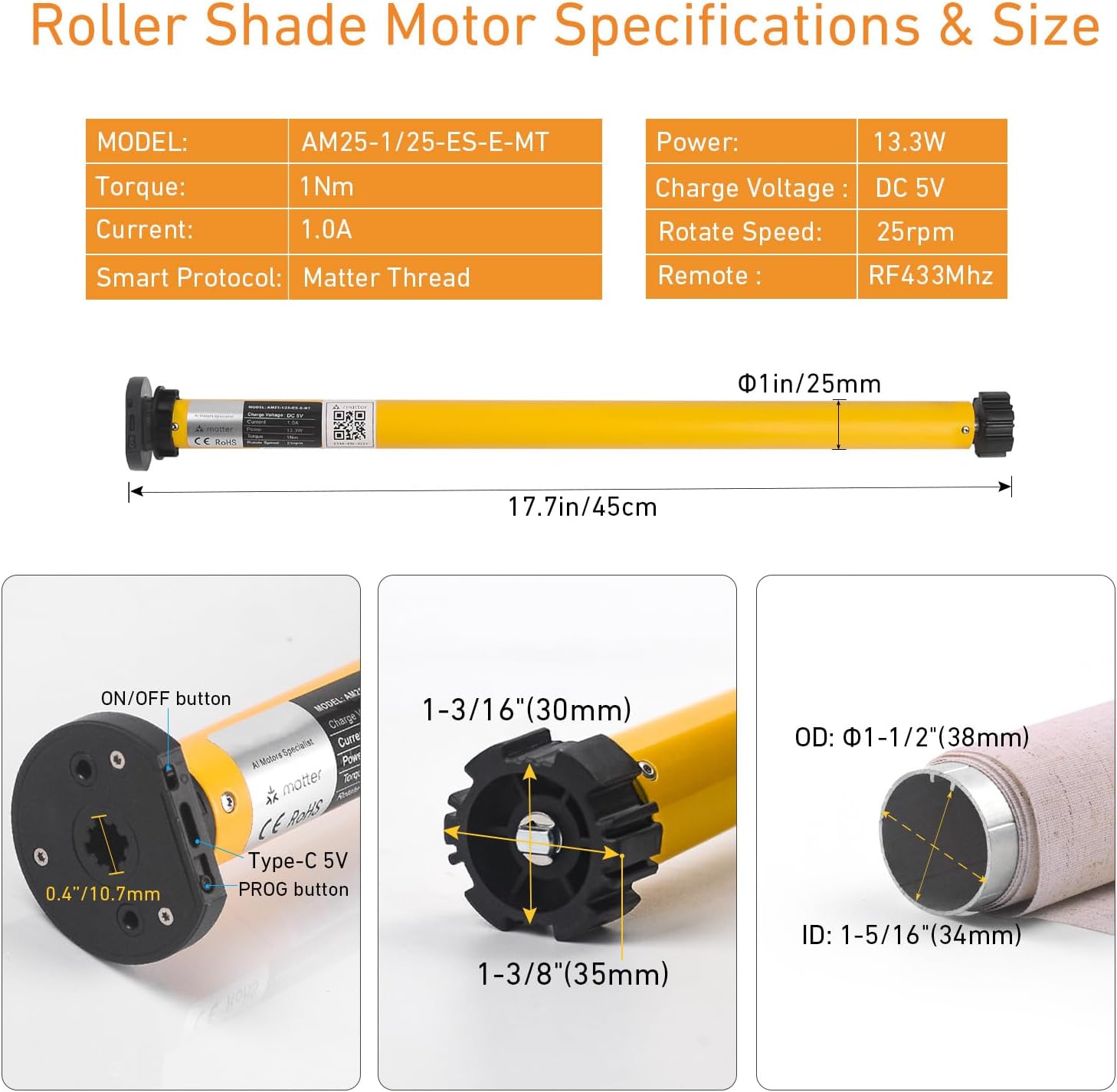 Matter Smart Blinds Motor Kit for 1.5" Shade Tube, Type C Rechargeable Roller Shade Motor, Work with Thread Low Power Consumption, Home Assistant, Alexa, HomeKit Motorized Blinds