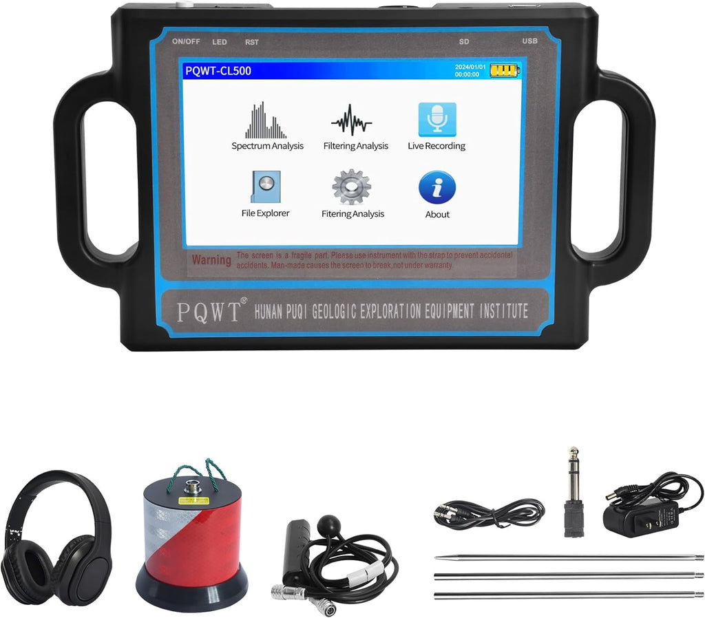 PQWT CL500 Water Leak Detectors for Home and Outside Wall Water Pipe Detector Acoustic Pipeline Leakage Detection Kit Professional Sensor Noise Reduce Headphone LCD Touchscreen Carry Case 5 Meters