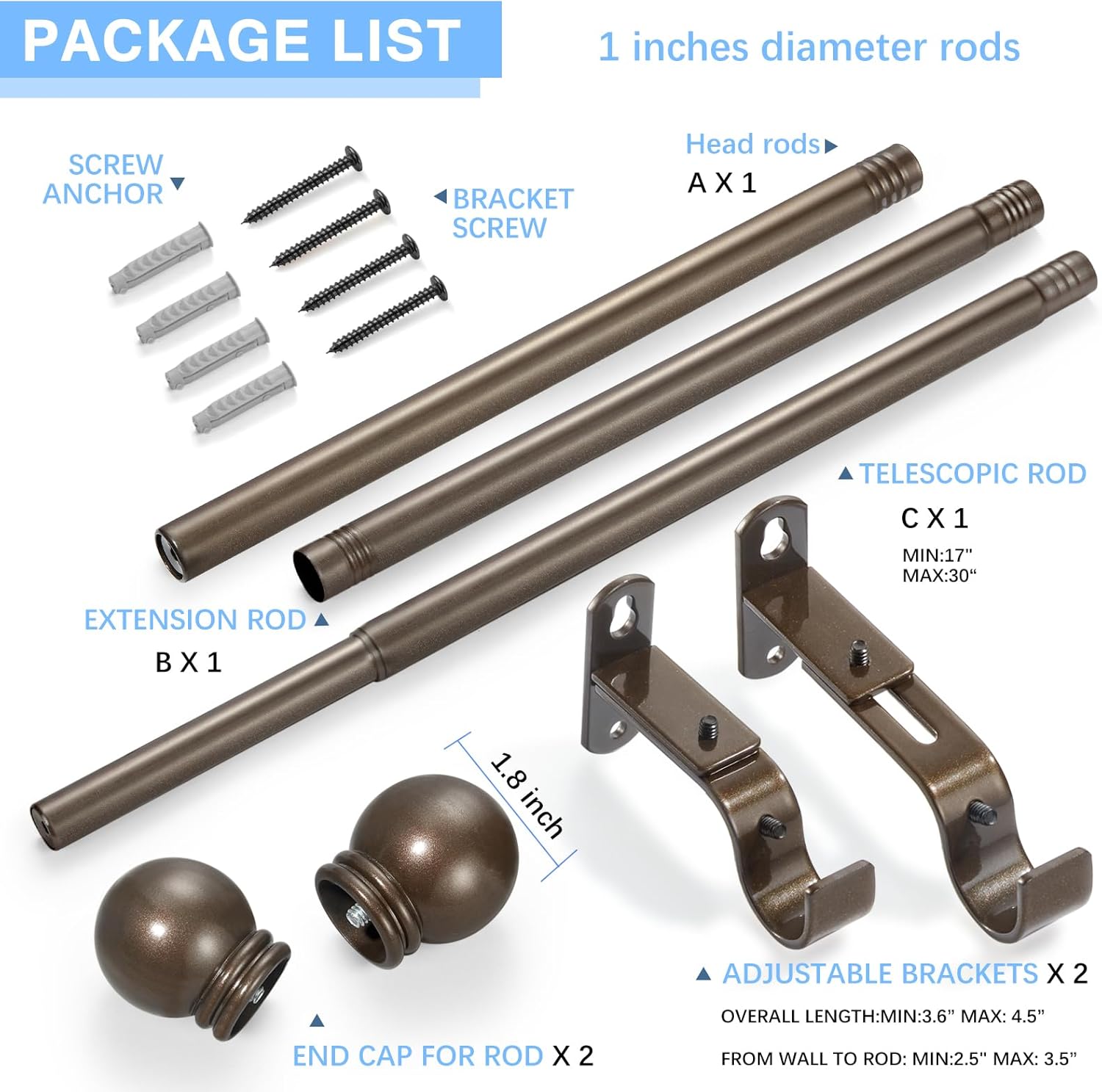 Curtain Rods for Windows 16 to 48 Inches, Curtain Rod Max Adjustable Length of 60 IN, 1" Diameter Drapery Rods Round Finials, Brown, Pack of 1