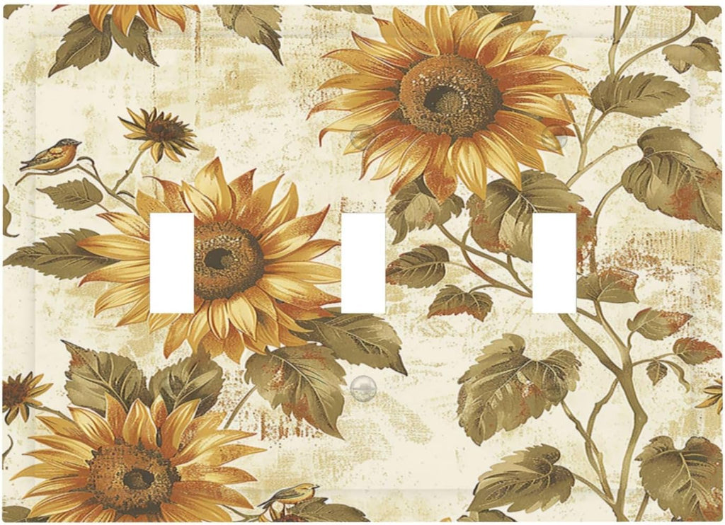 Decorative Switch Plates Rustic Sunflower Floral Pattern 3 Gang Wall Plate Triple Toggle Light Switch Cover Faceplate Electrical Wall Panels for Bedroom Cabin Decor