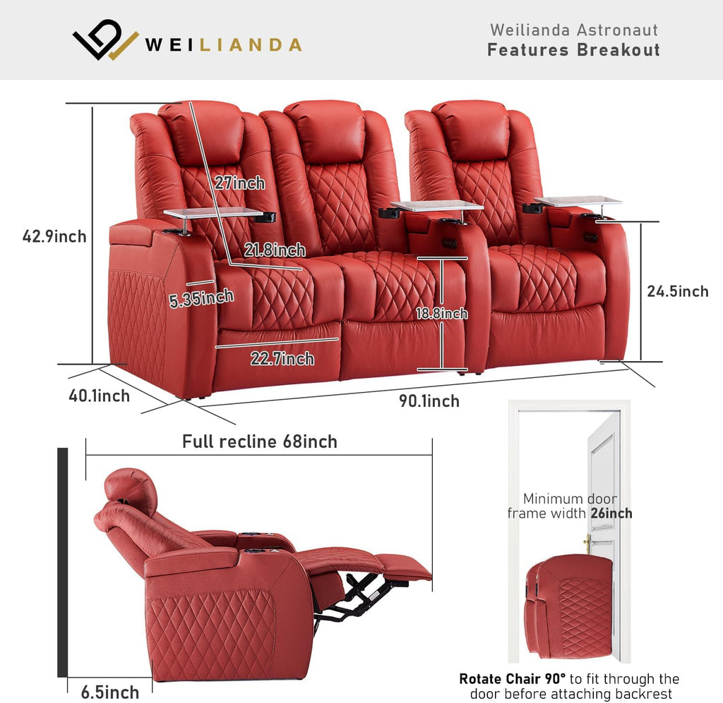 Weilianda Home Theater Seating Top Grain Leather Zero Gravity Recliner Chair Power Headrest Recline Movie Seat Gaming 7 Colors Mood Light Sofa with Tray Table USB Charge Row of 3 Loveseat Left Red