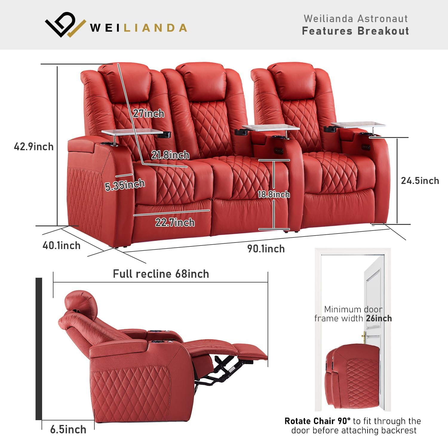 Weilianda Home Theater Seating Top Grain Leather Zero Gravity Recliner Chair Power Headrest Recline Movie Seat Gaming 7 Colors Mood Light Sofa with Tray Table USB Charge Row of 3 Loveseat Left Red