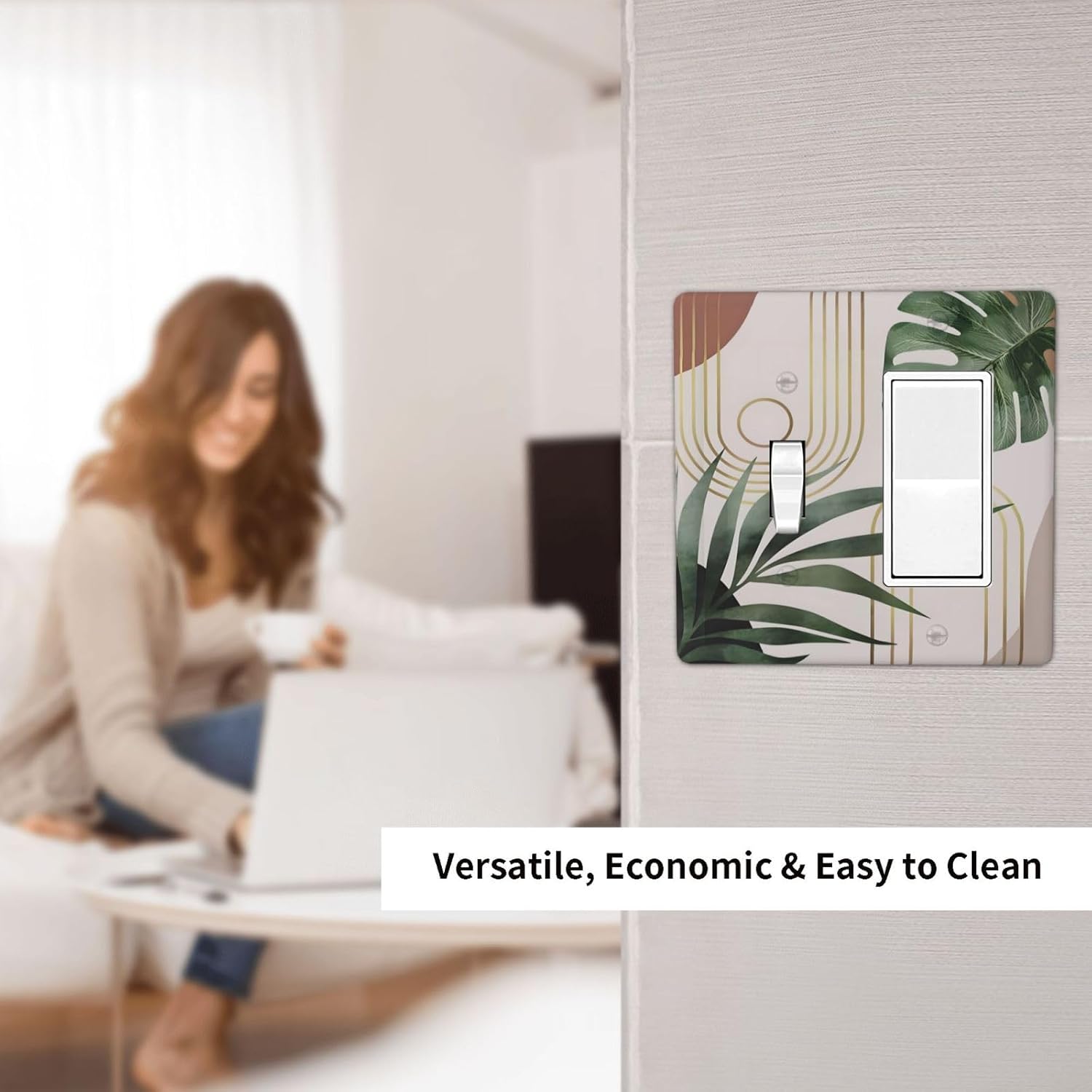 Decorative Outlet Covers Boho Mid Century Abstract Arch Green Leaves 2 Gang Wall Plate Single Toggle 1 Rocker Light Switch Cover Switch Plate Covers for Bedroom Home Decor