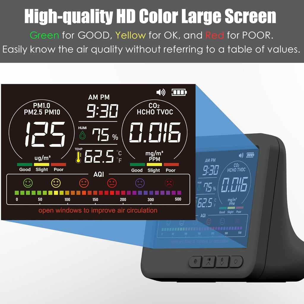 Professional Indoor Air Quality Monitor with 7X AQI Alarms,16 in 1 Portable Real-Time Detector for PM2.5 | PM10 | CO2 | TVOC | HCHO | Temp | Hum for Home Cars Plants Pets (Black)