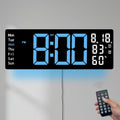 17.5 Inch Blue LED Digital Wall Clock with 8 Ambient Light Colors｜Displays Time,Date,Day,Temperature&Humidity,Dual Alarms,Countdown&Stopwatch,DST,10-Level Auto/Manual Brightness｜Modern Silent Clock