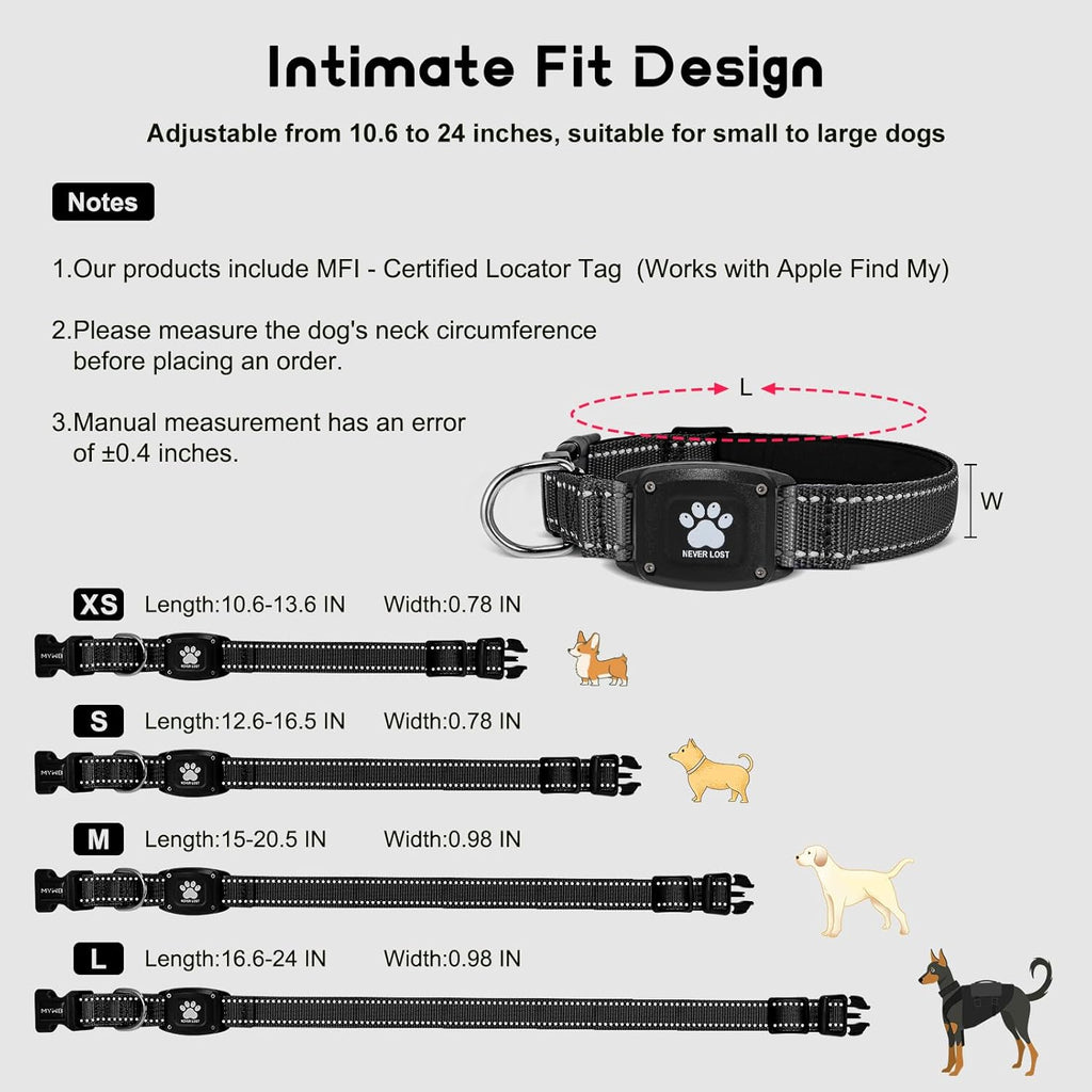 GPS Dog Collar Tracker 2-in-1,Reflective Waterproof Pet Collar,iOS-Only,No Monthly Fees,Unlimited Range,Ideal for Dog Tracking pet Tracker,for Small Medium Large Dogs(L (16.6"-24"), Black)