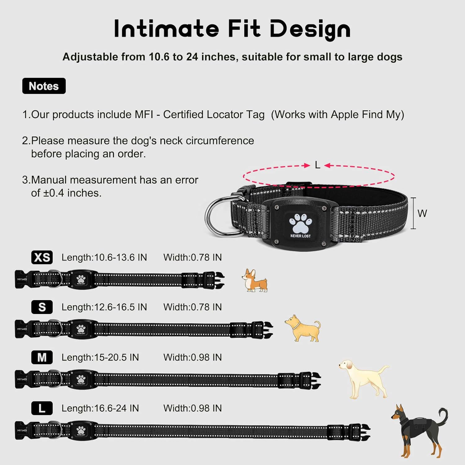 GPS Dog Collar Tracker 2-in-1,Reflective Waterproof Pet Collar,iOS-Only,No Monthly Fees,Unlimited Range,Ideal for Dog Tracking pet Tracker,for Small Medium Large Dogs(L (16.6"-24"), Black)