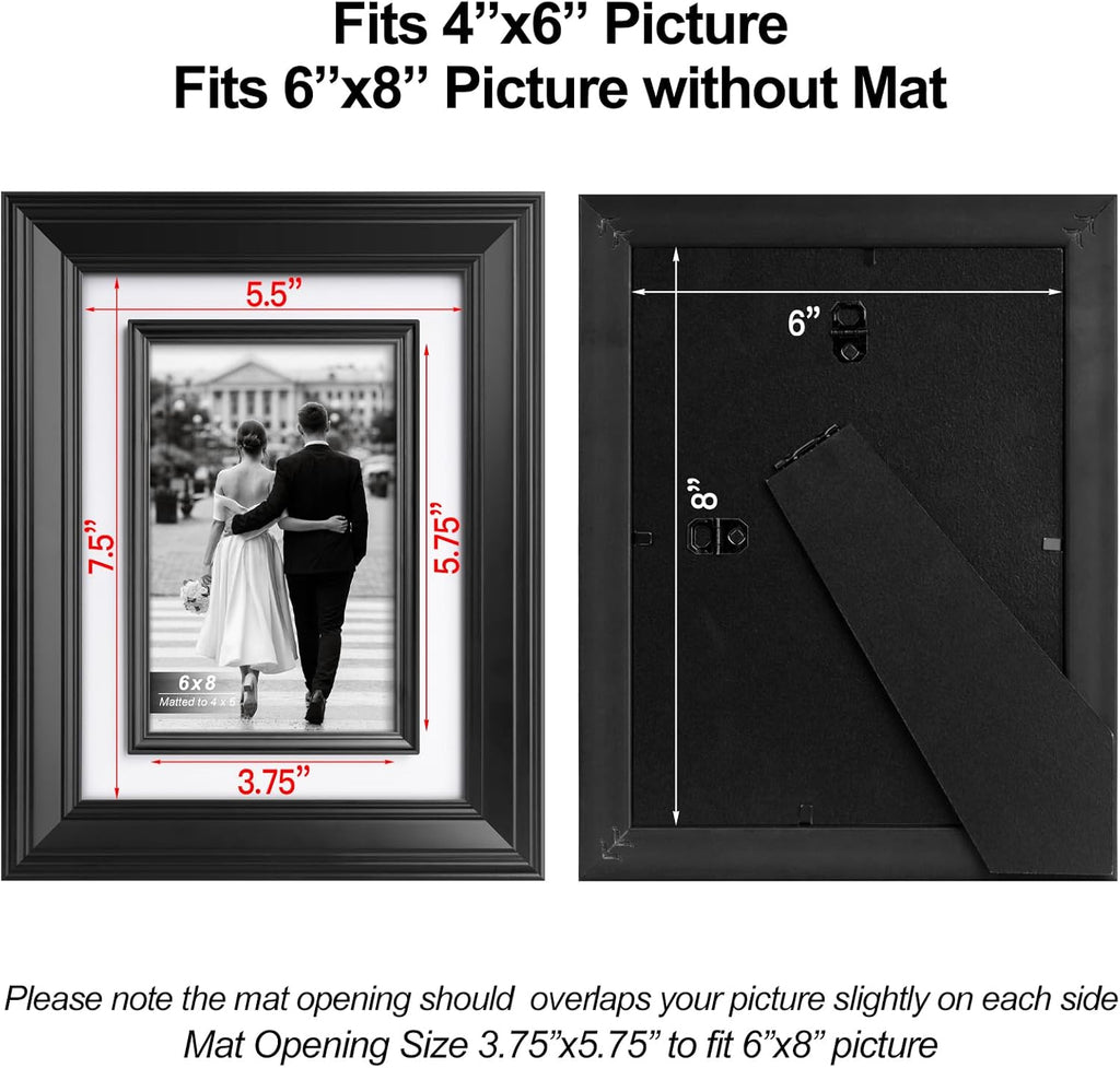Yaetm 6x8 Black Picture Frame with Decorative Inner Frame & Tempered Glass, Display 4x6 Photos with Mat - Portrait or Landscape - Tabletop & Wall Mount for Office & Home Décor (Black, 2 Pack)