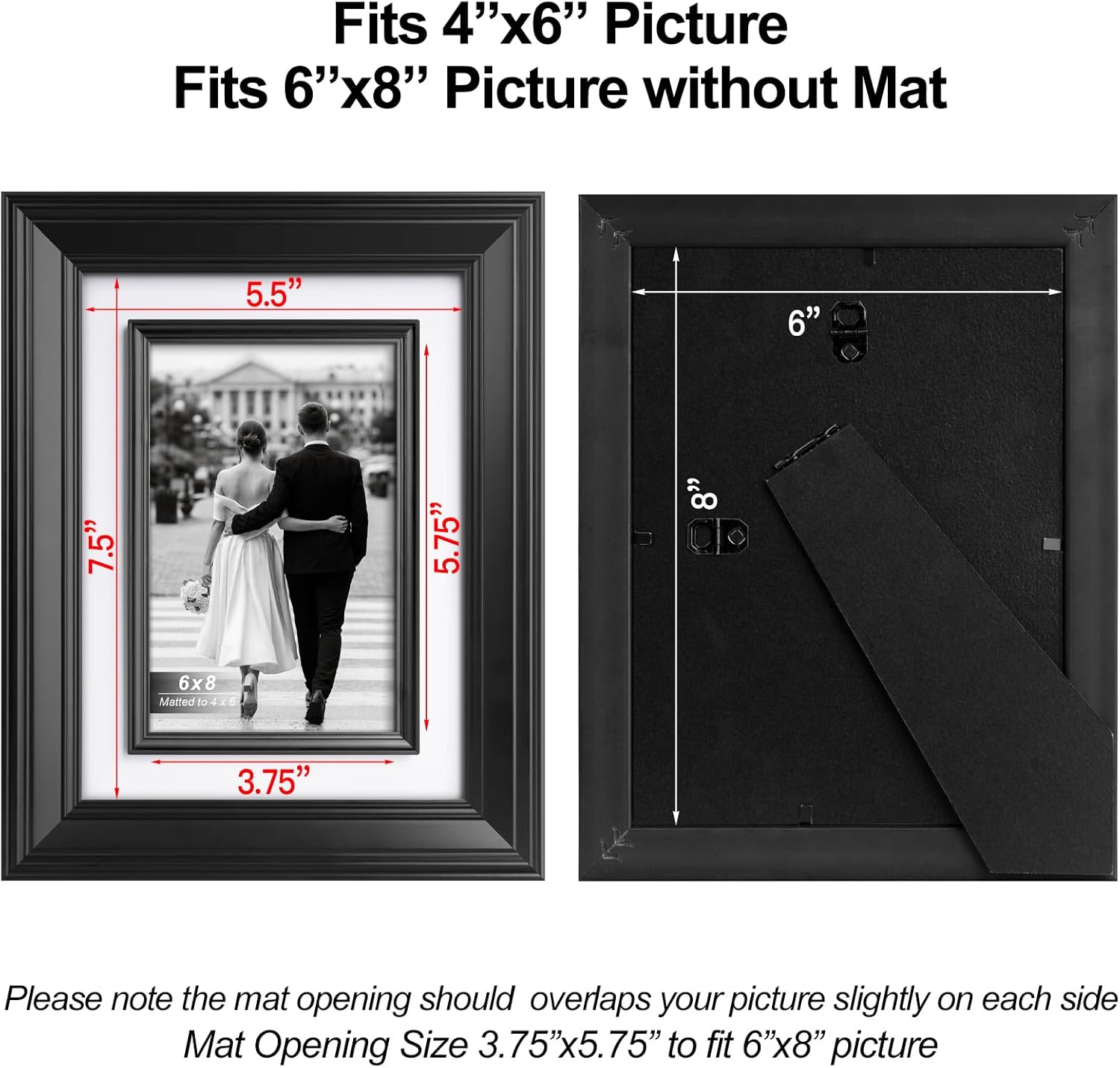 Yaetm 6x8 Black Picture Frame with Decorative Inner Frame & Tempered Glass, Display 4x6 Photos with Mat - Portrait or Landscape - Tabletop & Wall Mount for Office & Home Décor (Black, 2 Pack)