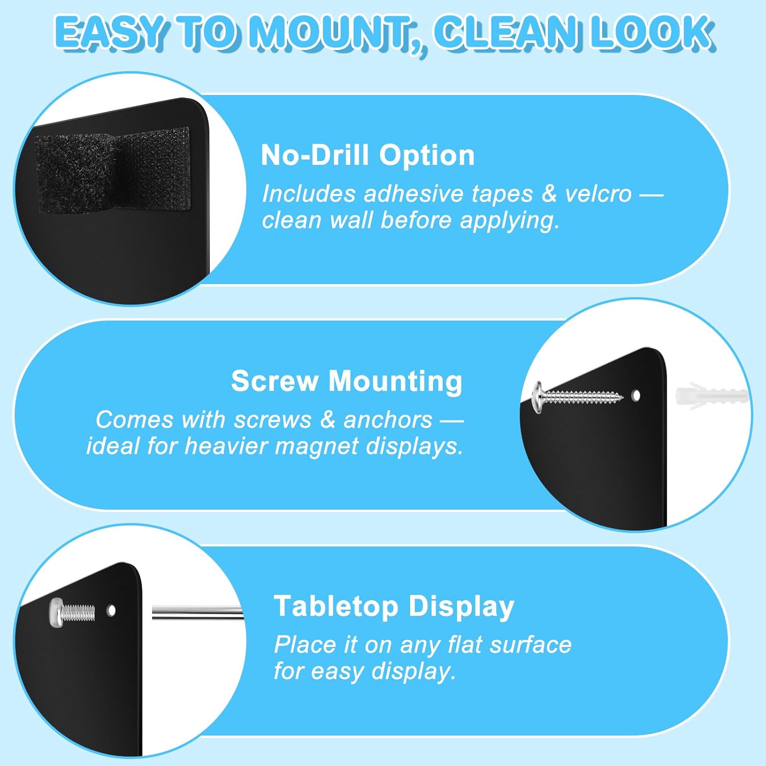 ARVOK 2 Pack Black Magnetic Board 17.1" x 11.8", Metal Magnet Bulletin Board for Wall, Refrigerator, Cabinet, Display Notes, Photos, Poetry, Includes 8 Screws & 8 Dual Lock Tapes, 4 Support Screws