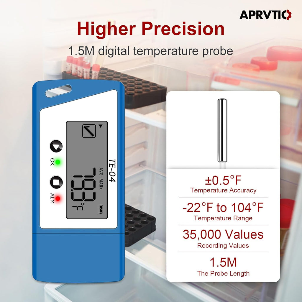 TE-04 10 pcs Temperature Data Logger with External Probe, Large Display,Pause Recording Function, Auto PDF& CSV Report, 35,000 Points, Temperature Recorder for Cold Chain Shipping Vaccine Storage