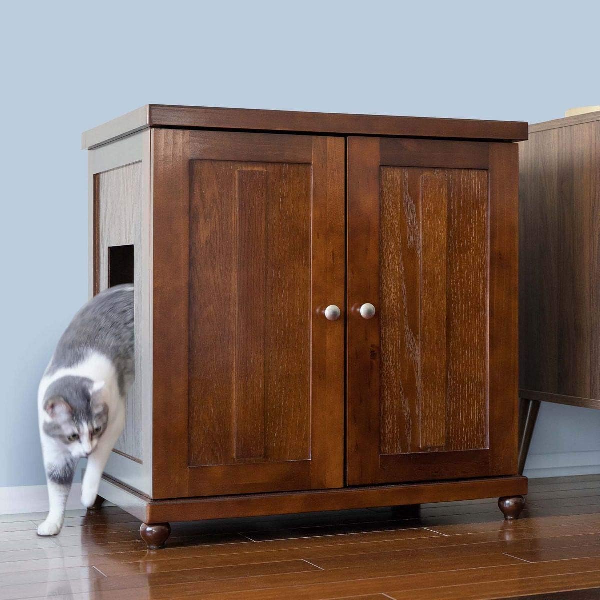 THE REFINED FELINE Cat Litter Box Enclosure Cabinet, Shaker, Mahogany Brown, Tulip Feet, Large, Hidden Litter Cat Furniture with Drawer