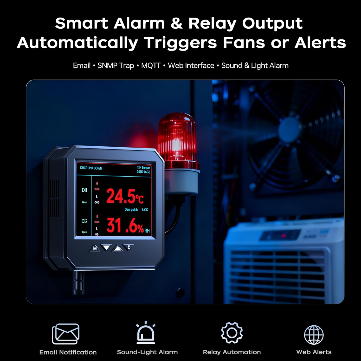 APEM-5930 Ethernet Temperature Humidity Sensor, PoE Server Room Monitor with Web Interface, SNMP Modbus MQTT Support, Dual Power, IP55, Data Logging, Alarm & Relay Output for IT & Industrial Use
