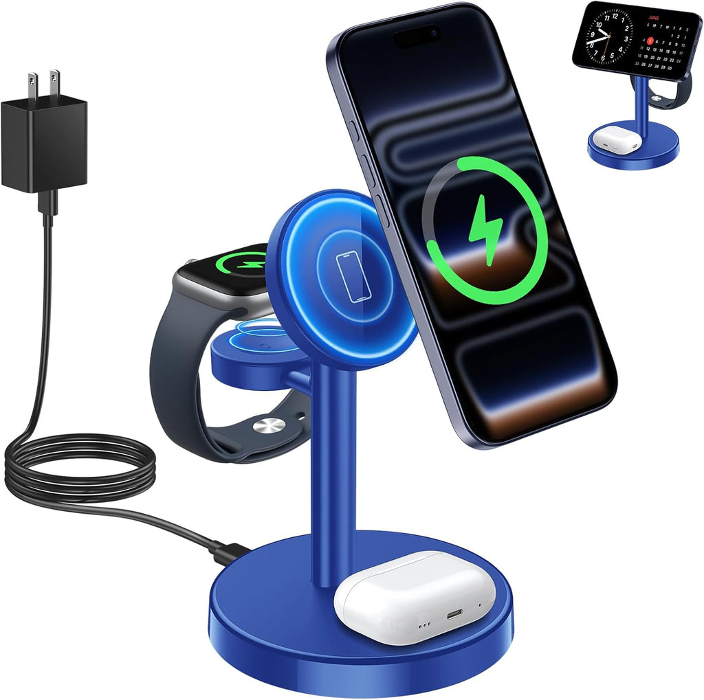 2025 3 in 1 Wireless Charging Station Compatible with MagSafe, 15W Fast Magnetic Mag-Safe Charger Stand for Apple iPhone 17 16 15 14 13 12 iWatch AirPods Pro 4 3 2, Blue