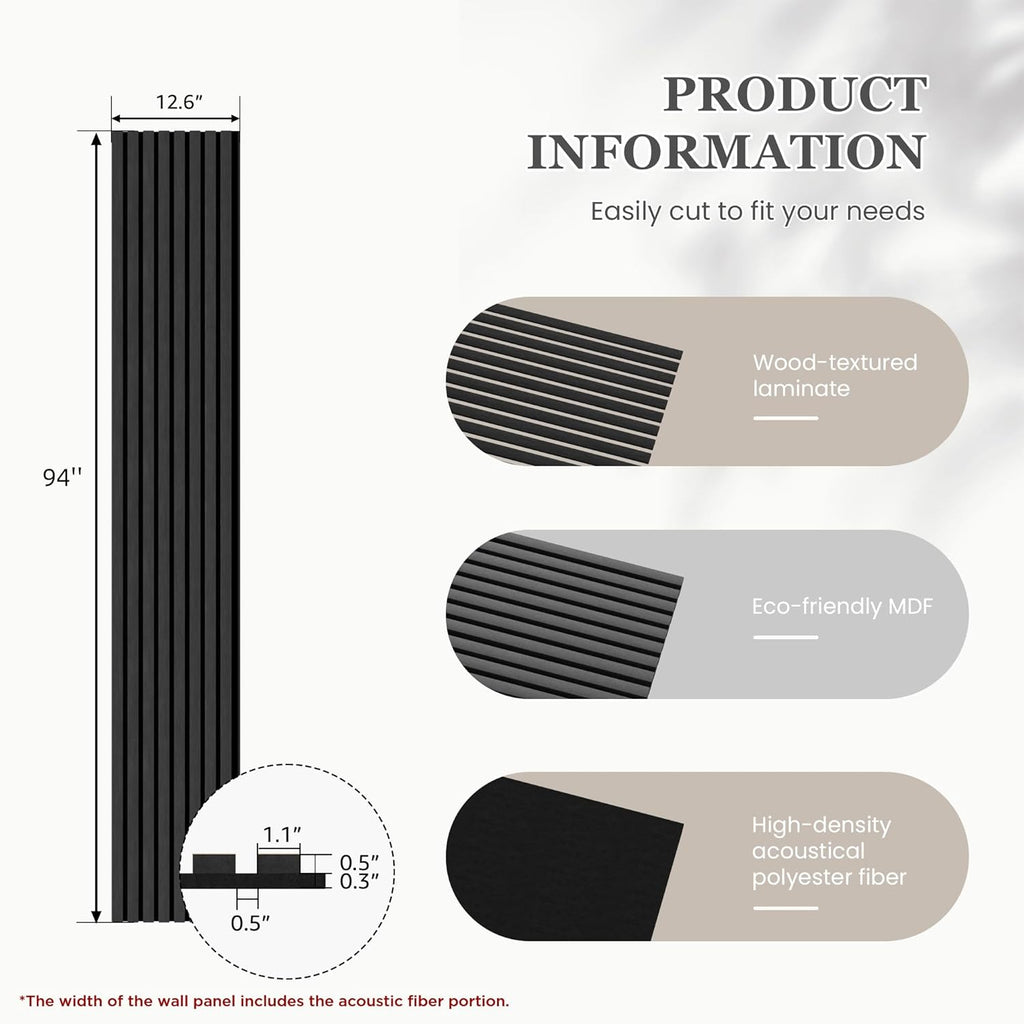 Wood Salt Acoustic Wall Panels, 4 Piece 94" x 12.6" x 0.8" Soundproof Wooden Wall Panels, 3D Fluted Sound Absorbing Panel, Matte Black