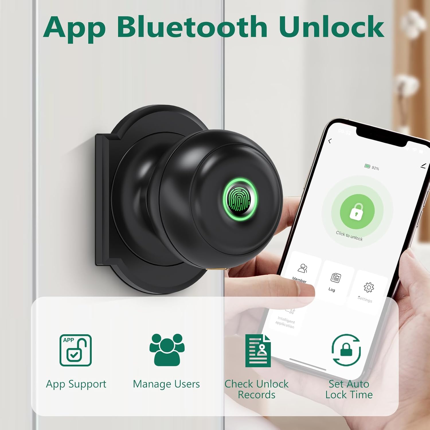 GeekTale Fingerprint Door Lock, Smart Lock with App, Biometric Door Lock, Thumbprint Door Knob, Smart Fingerprint Door Knob for Bedroom, Office, Apartment