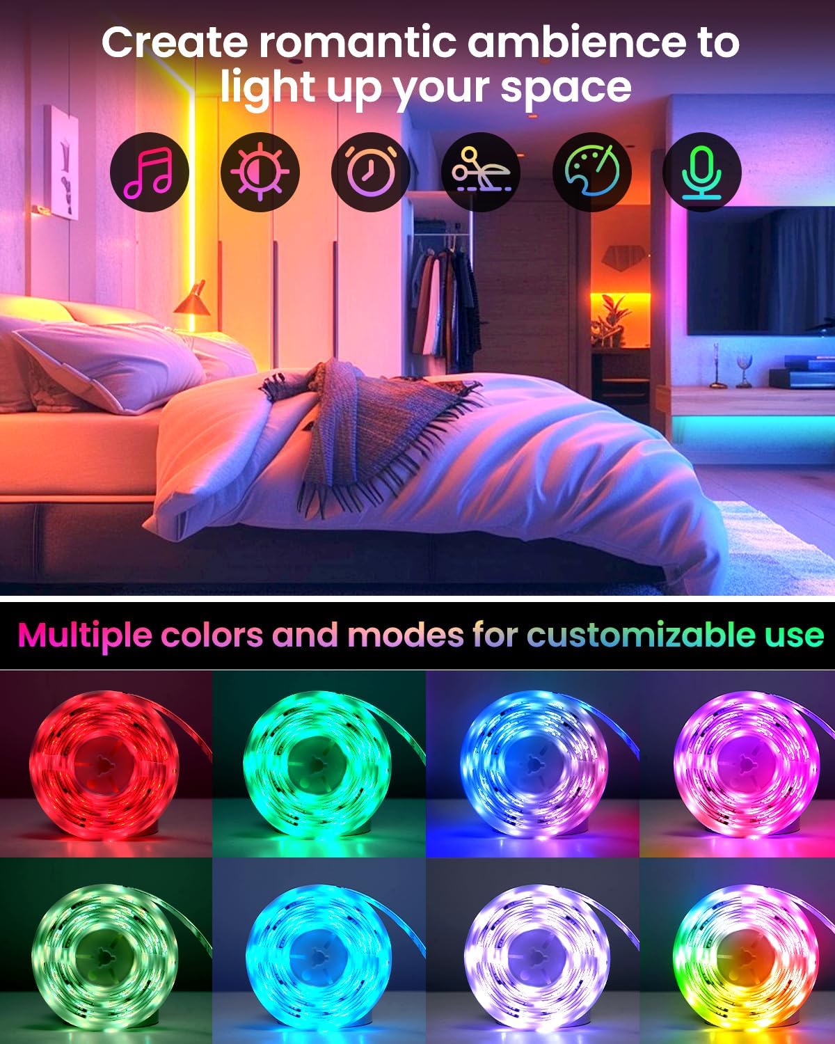 Pak LED Lights for Bedroom, 32.8ft(2 Rolls of 16.4ft) Smart RGB+IC LED Strip Lights with App/Remote Control, Music Sync Color Changing Flexible LED Lights with 64 Scene Modes for Party, Home, Gaming