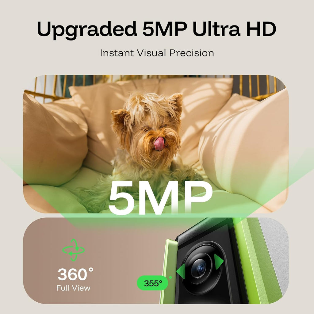 5MP Ultra HD Pet Camera - Dog Camera with Treat Dispenser, Remote Treat Tossing via Phone App, 360° Auto Tracking & Motion Alerts, 5G&2.4G WiFi for Cats Indoor, Green