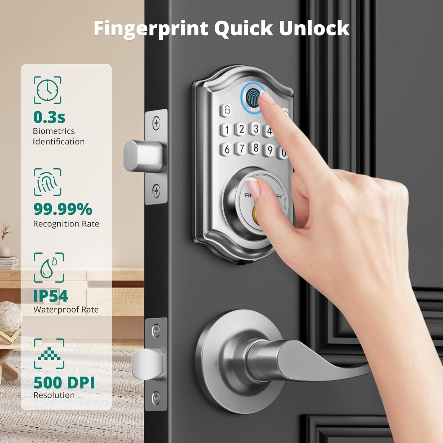 DS10 Keyless Entry Door Lock with 2 Lever Handle, Fingerprint, Keypad Code, 2 Keys, Smart Locks for Front Door, Bedroom, One-time Code, Auto-Lock, Easy Installation - Satin Nickel