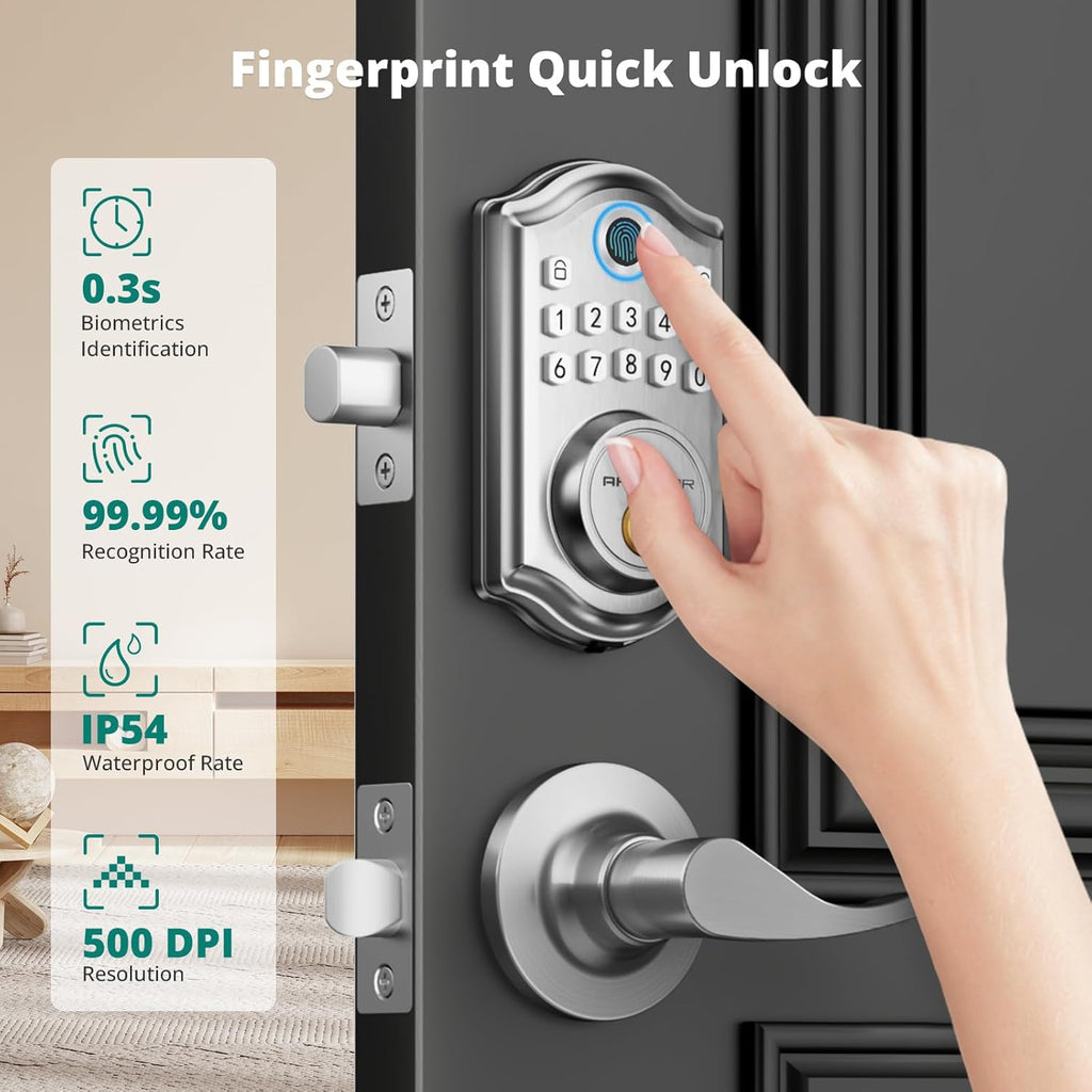 DS10 Keyless Entry Door Lock with Handle - 2 Lever Handles, Fingerprint Door Lock, Keypad Deadbolt, 2 Keys, Code, Smart Locks for Front Door, Auto-Lock, Easy Installation - Satin Nickel