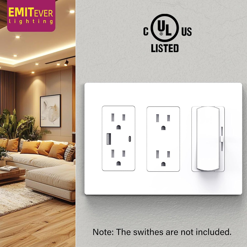 EMITEVER 3-Gang Screwless Decorator Wall Plate Cover for Receptacle Outlet & Light Switch, Standard Size 4.53"H x 6.38"W, Unbreakable Thermoplastic Faceplate, UL Listed, Matte White 1-Pack