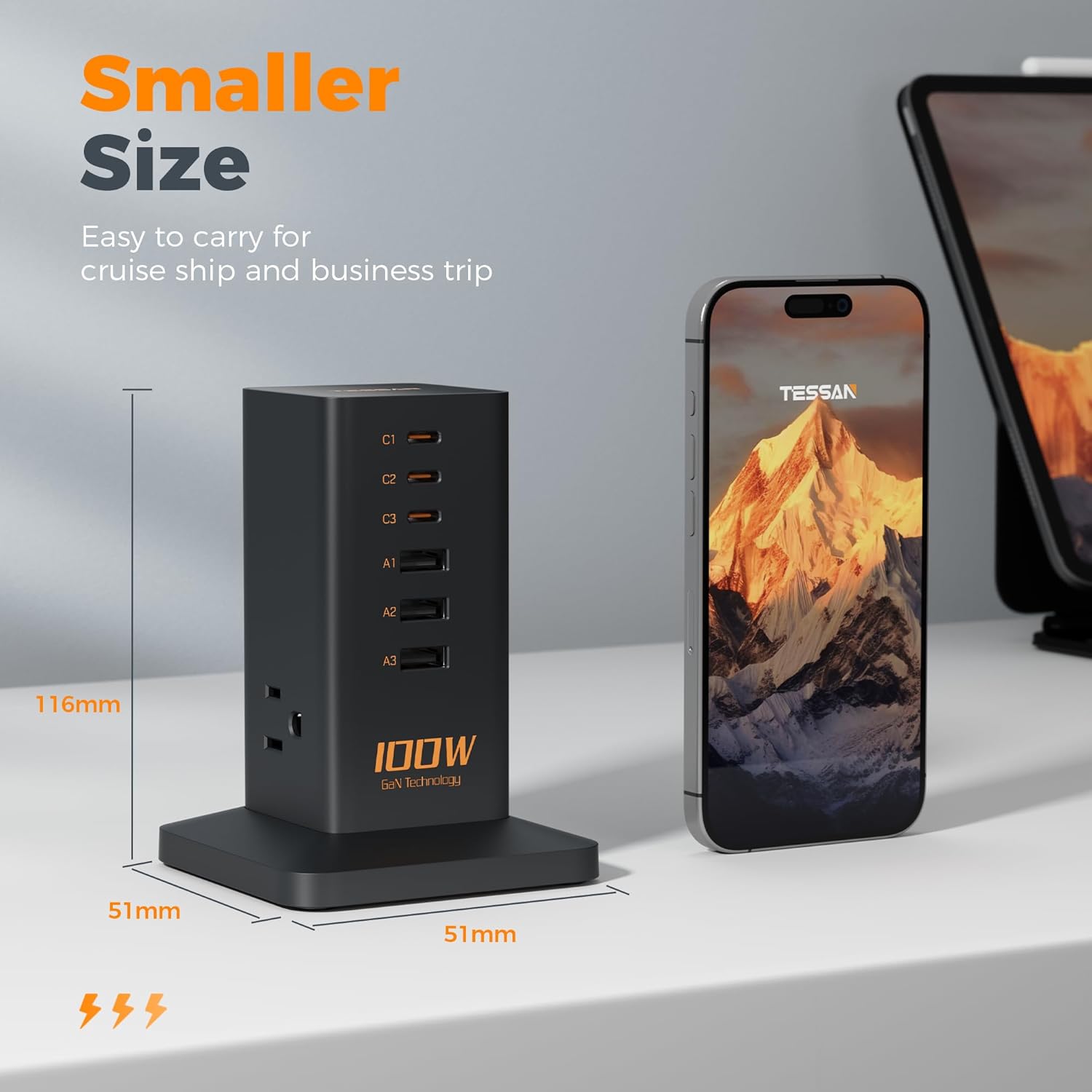 Charging Station PD 100W, TESSAN 9-in-1 USB C Power Strip for iPhone 17/16/15, MacBook, Tablet, Desktop Phone Fast Charger with 3 AC, 3 USB-A Ports, Home Drom Office Accessories