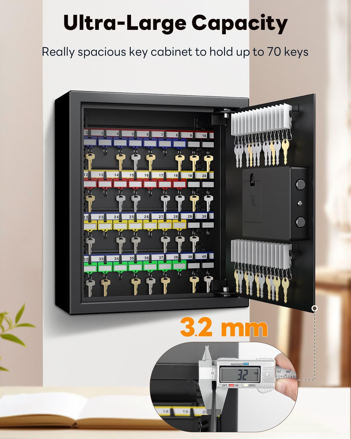Uniclife 70 Position Key Cabinet with Combination & Key Lock Wall Mounted Security Keys Safe Key Organizer Black Digital with Keypad Adjustable Racks Key Tags & Permanent Pen (Batteries Not Included)