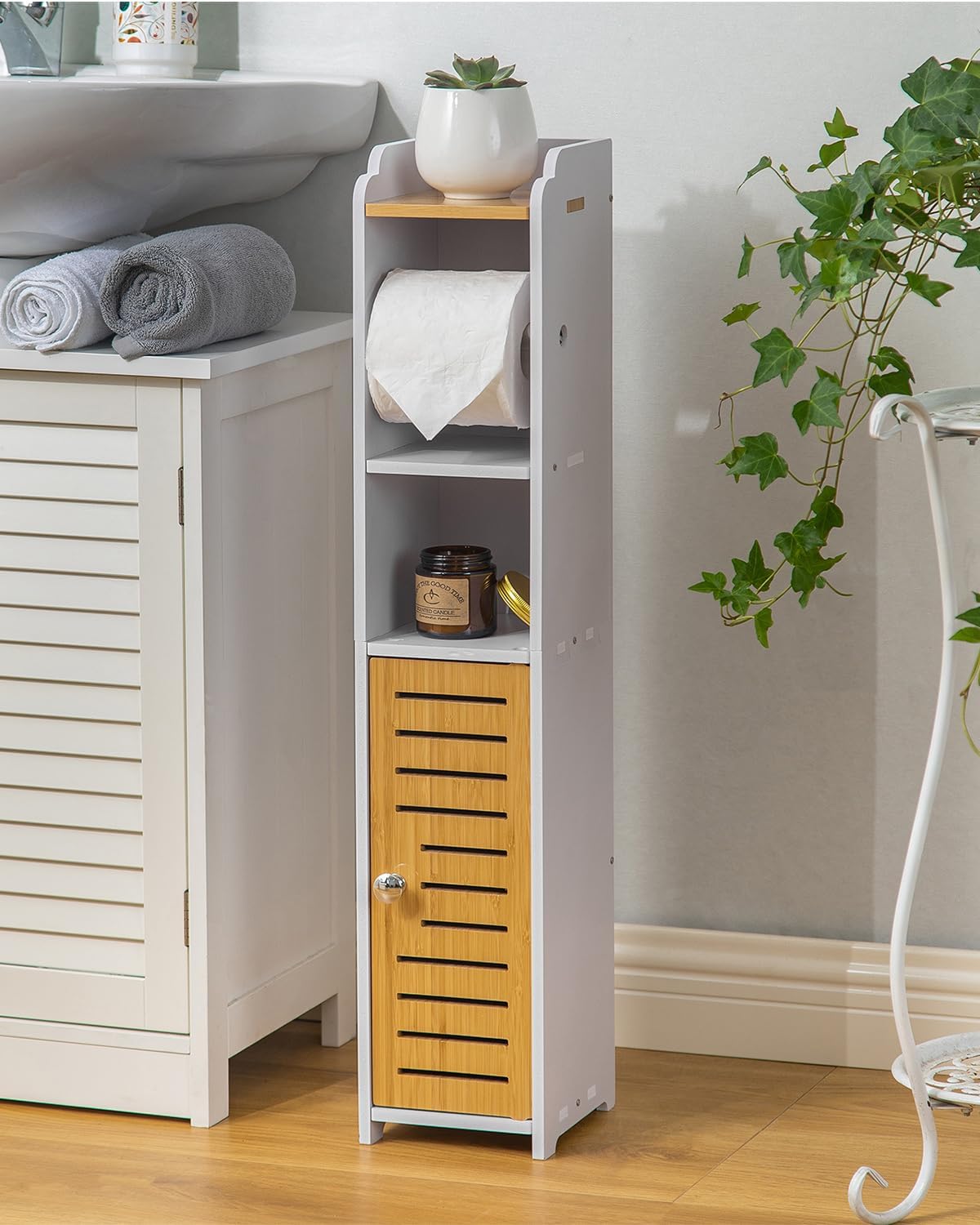 AOJEZOR Toilet Paper Holder Stand: Small Bathroom Storage Cabinet- White&Bamboo