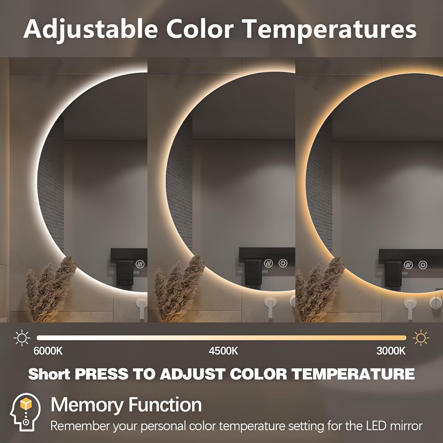 Niccy Round Led Mirror for Bathroom, 30" Circle Frameless Backlit Mirror wiht Light, Anti-Fog, 3 Colors, Waterproof, Memory Function