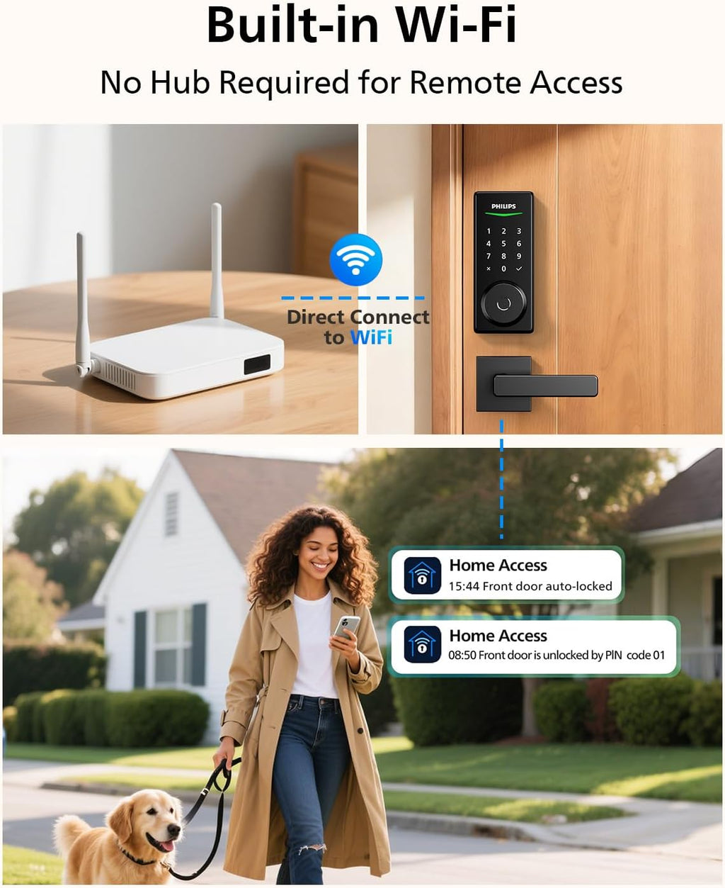 Philips Built-in WiFi Smart Lock, Keyless Entry Door Lock with App, Touchscreen, Indicator Light, Fingerprint Door Lock — Compatible with Alexa & Google, Splash-Proof Design, Includes 8 Batteries