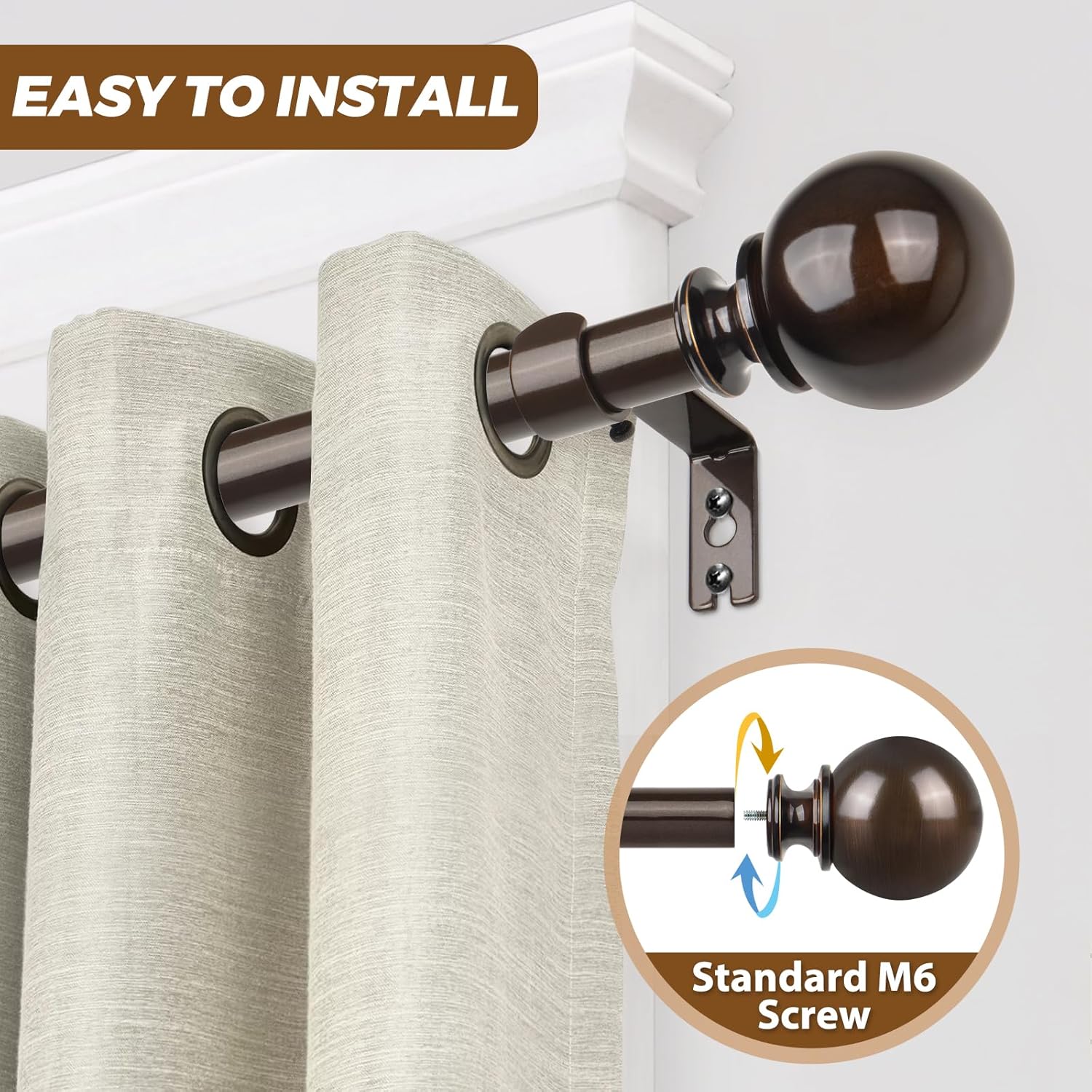 KAMANINA Bronze Curtain Rods for Windows 72 to 144 Inches, Long Curtain Rod 32 to 144 Inches (2.6-12ft), 7/8 Inch Decorative Drapery Rod with Round Finials