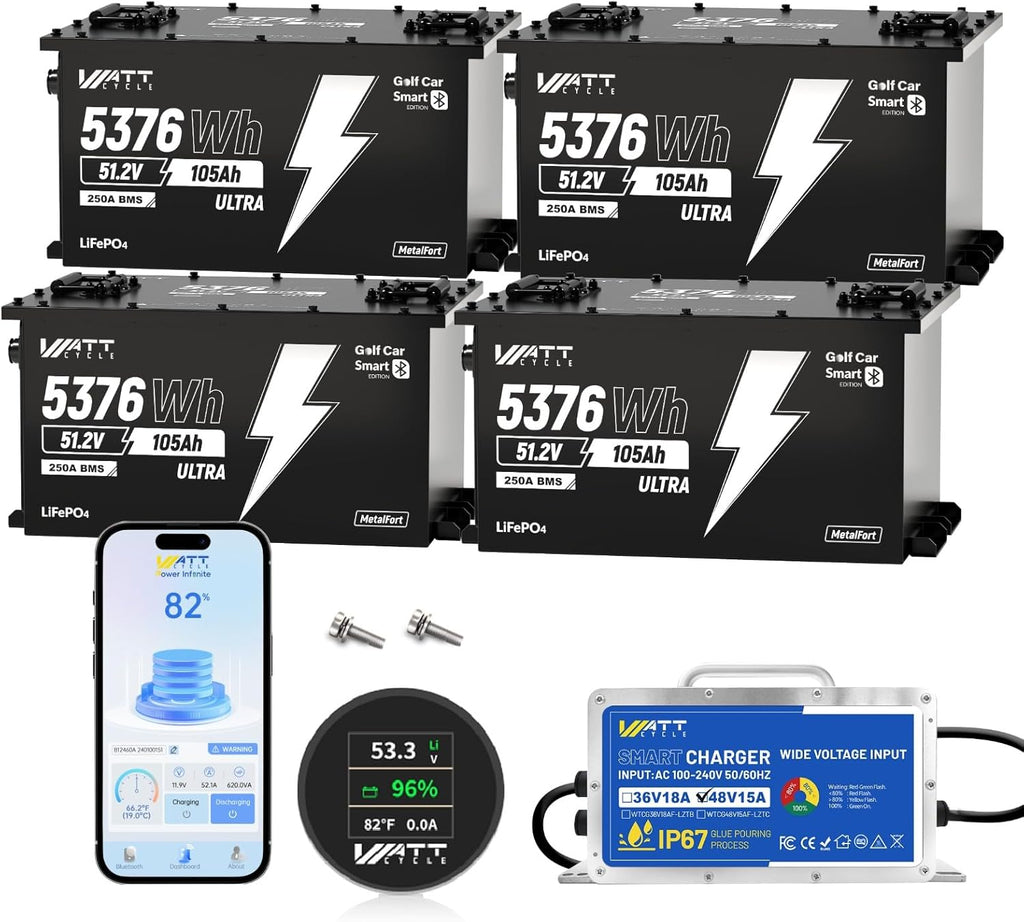 WattCycle 48V 105Ah Golf Cart Batteries 4 Pack, 48V Lithium Battery 250A BMS with 15A Charger, LiFePO4 Battery 15000+ Deep Cycles, IP65 Waterproof Marine Batteries, Built-in Bluetooth, Perfect for RV