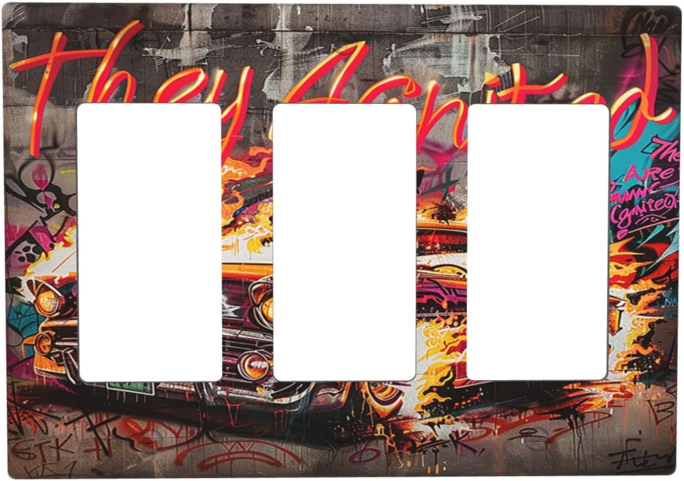 Light Switch Covers Hip Hop Street Graffiti Flame Car 3 Gang Rocker Electrical GFCI Decorative Triple Outlet Wall Plate Cover Switchplate for Bedroom living Room Decor