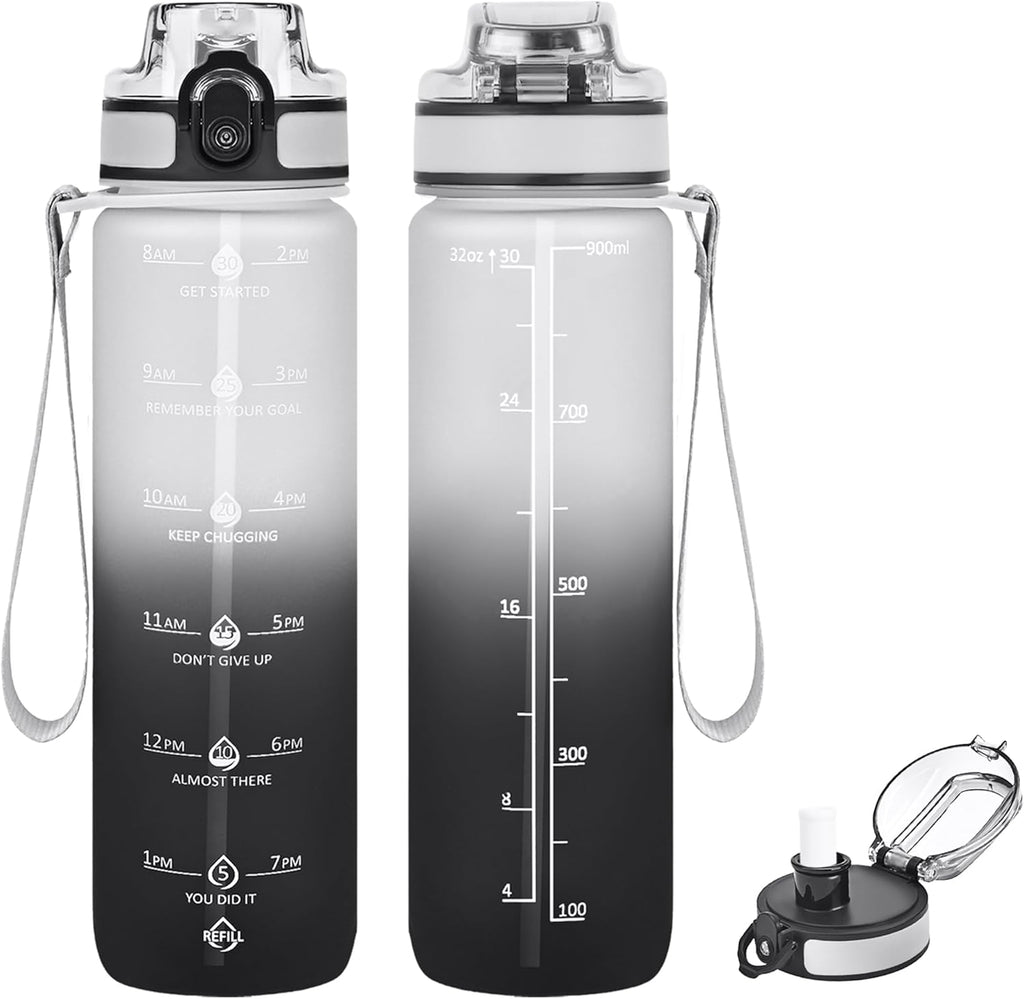 32oz Water Bottle with Time Marker, Motivational Drinking Bottle with Strap, BPA-Free Leak-Proof, Encouraging Water Bottle Time to Drink Water for Gym School Office Travel