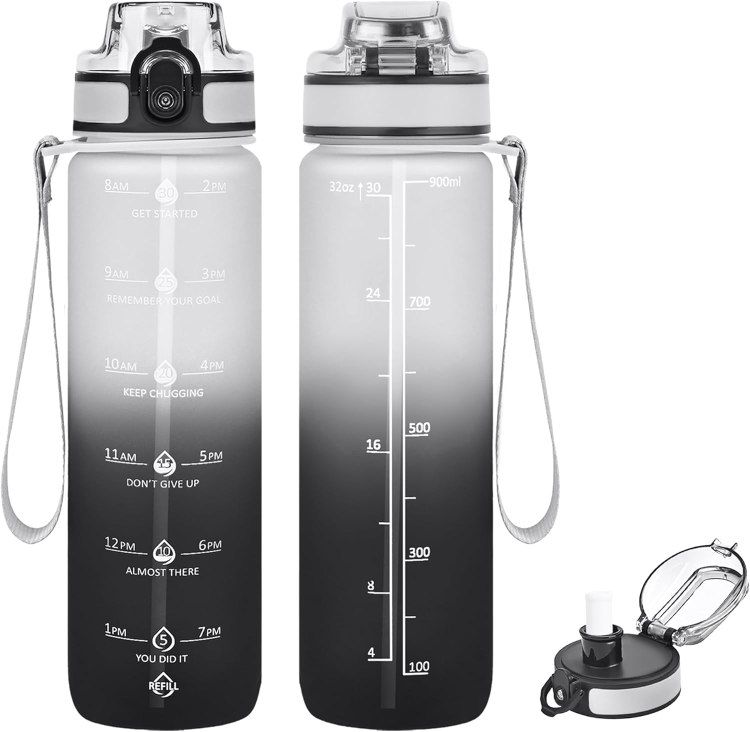 32oz Water Bottle with Time Marker, Motivational Drinking Bottle with Strap, BPA-Free Leak-Proof, Encouraging Water Bottle Time to Drink Water for Gym School Office Travel